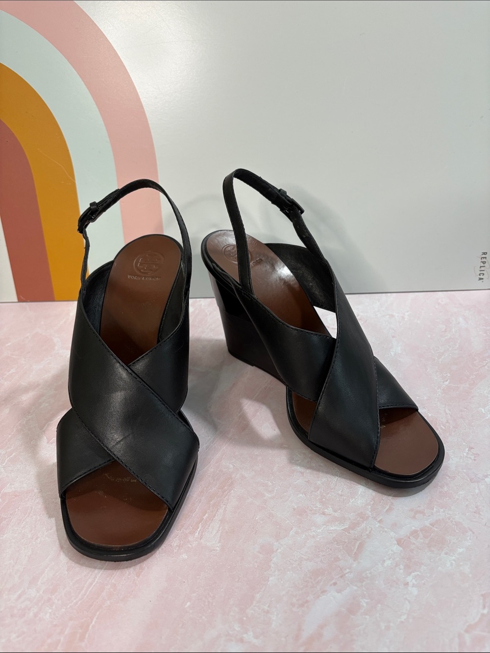Tory Burch Black Leather Crisscross Slingback Wedge Sandals 10M